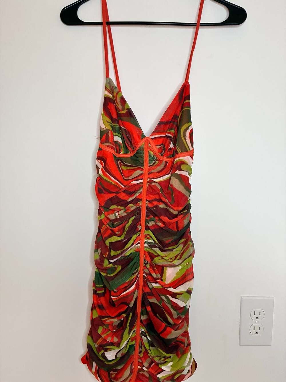 PrettyLittleThing Orange Marble Print Ruched Corset Detail Bodycon Dress Sz8